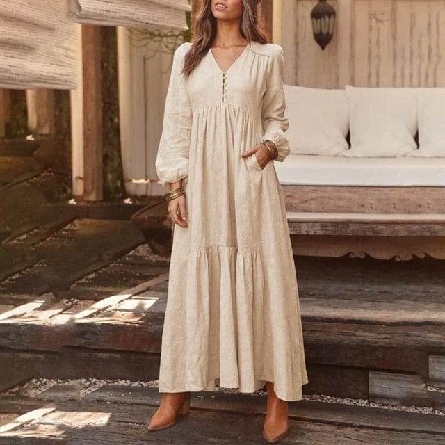 A- Get it Happy Women's A Beige / 5XL Bohemian Shirt Dress Long Maxi Dress - M-5XL