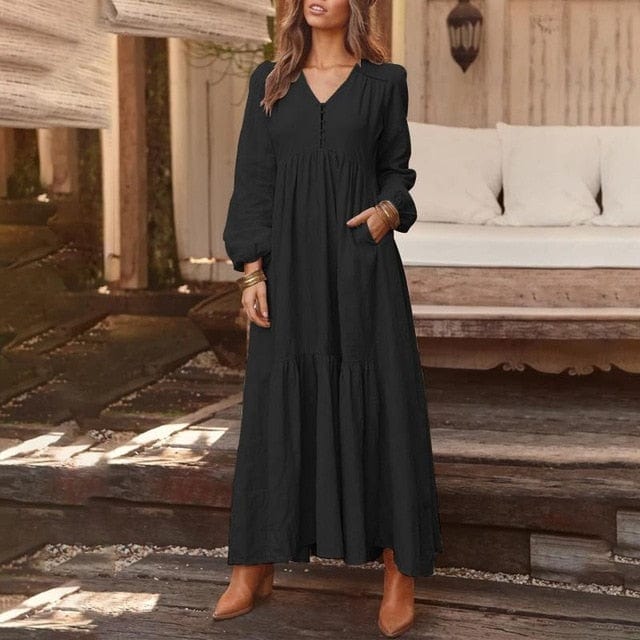 A- Get it Happy Women's A Black / 5XL Bohemian Shirt Dress Long Maxi Dress - M-5XL