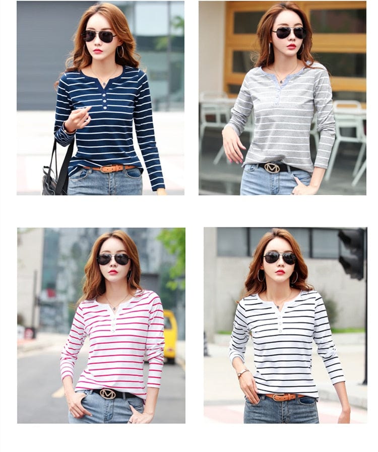 Spruced Roost Women's Clothing Button up Striped long Sleeved Top - S-5XL - 4 Colors