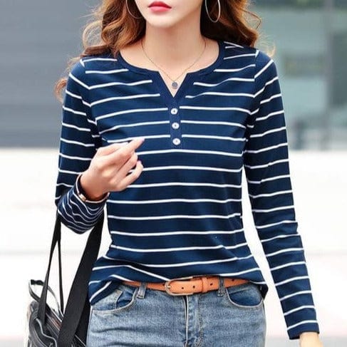Spruced Roost Women's Clothing Blue / S Button up Striped long Sleeved Top - S-5XL - 4 Colors