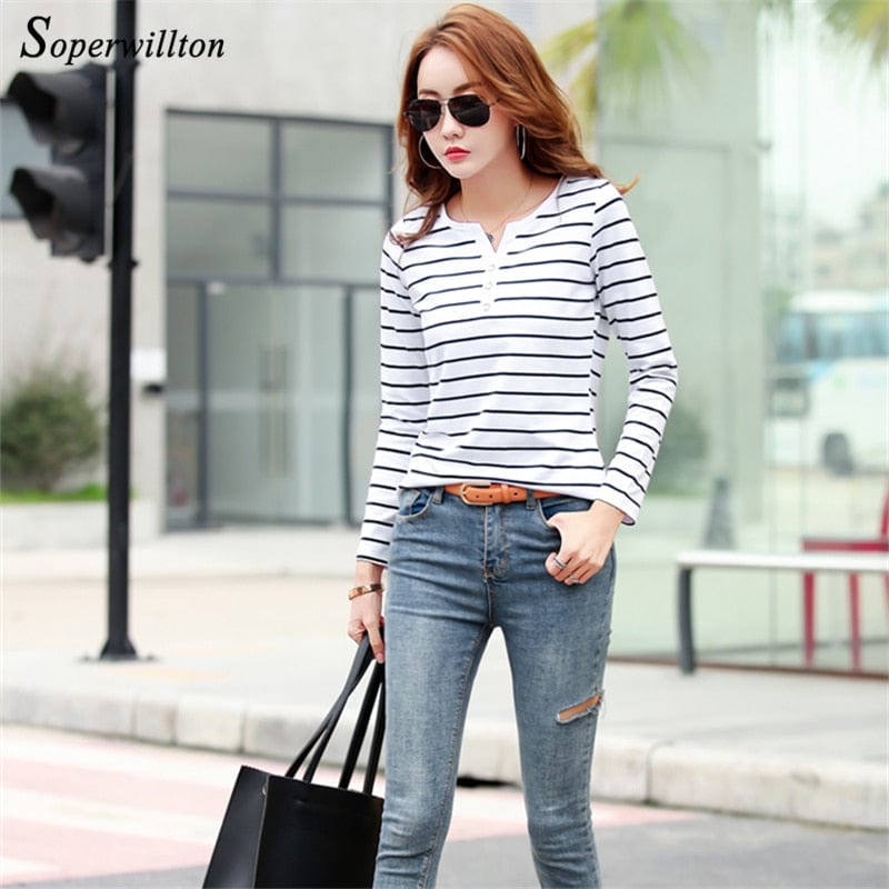 Spruced Roost Women's Clothing Button up Striped long Sleeved Top - S-5XL - 4 Colors