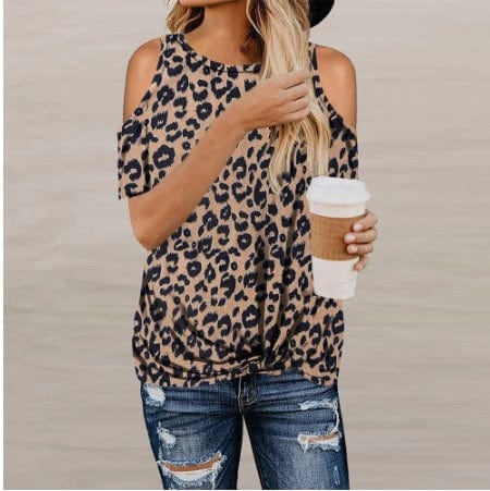 Spruced Roost Women's Clothing Coffee leopard / XL / United States Camouflage Cold Shoulder T Shirt - S-2XL - 6 Colors