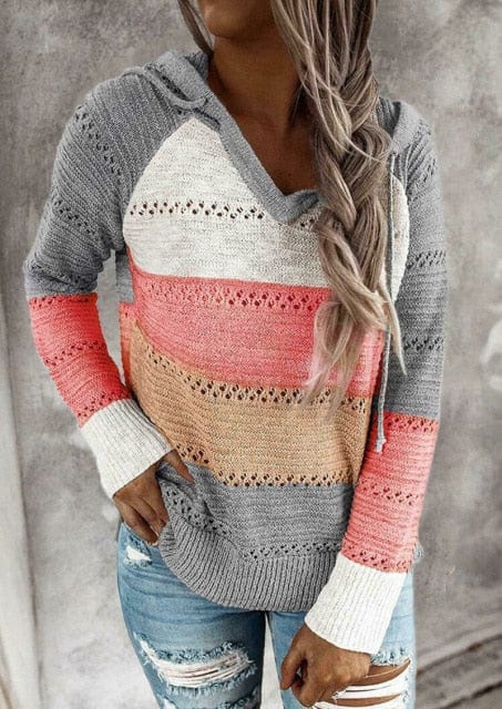 Fantasy Clothes Store Women's Clothing M / grey Cargo Striped Knitted Hoodie Sweater - S-XL - 3 Colors