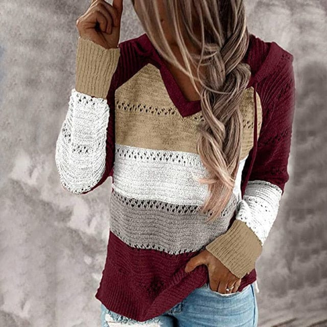 Fantasy Clothes Store Women's Clothing M / wine red Cargo Striped Knitted Hoodie Sweater - S-XL - 3 Colors