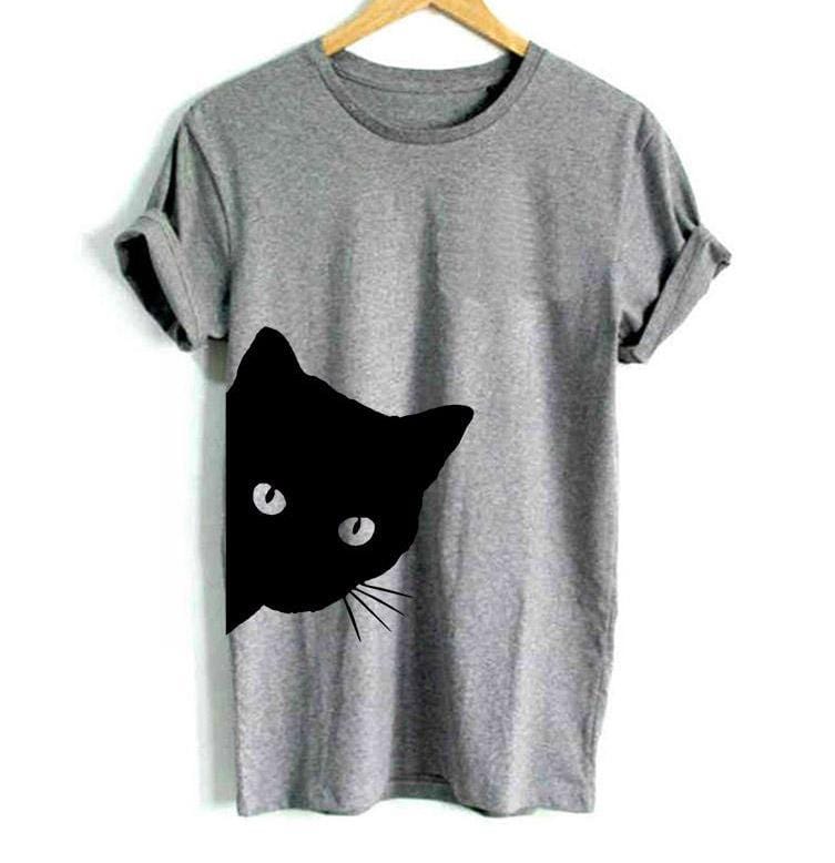 Oberlo Women's Clothing Cat Looking T-Shirt Colors: Gray, Black, White - Sizes: XXS-3XL