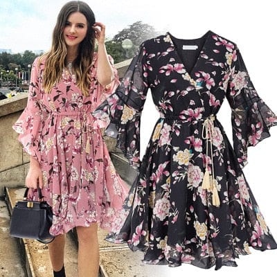 Spruced Roost Women's Clothing Black / XL Chiffon Butterfly Sleeve Garden Dress - M-5XL - 3 Colors