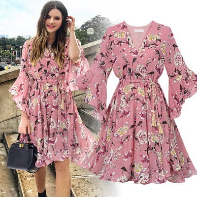 Spruced Roost Women's Clothing Pink / XL Chiffon Butterfly Sleeve Garden Dress - M-5XL - 3 Colors