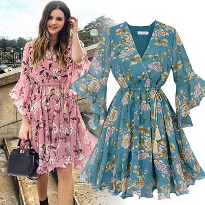Spruced Roost Women's Clothing Peacock blue / XL Chiffon Butterfly Sleeve Garden Dress - M-5XL - 3 Colors