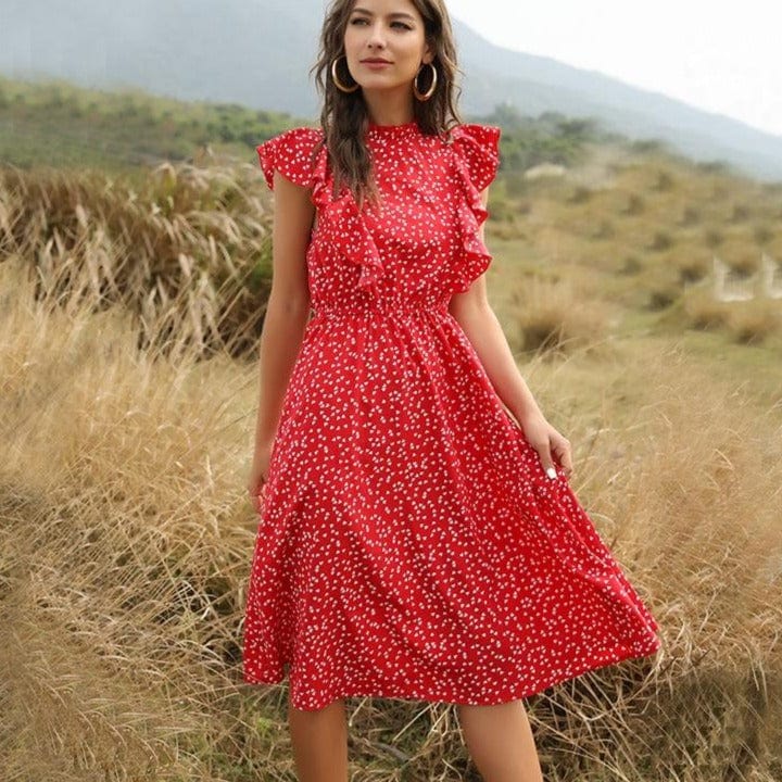 A JALIFUNI Official Store Women's Clothing Red / M Delicate Butterfly Sleeve Dot Dress - 13 Colors - S-XL