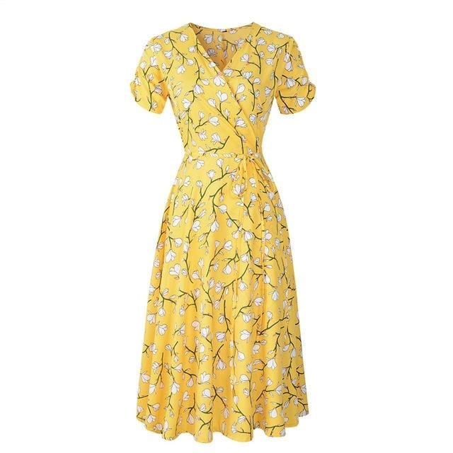 Spruced Roost Women's Clothing yellow / S Elegant Floral Smash V-neck Floral Midi Dress - S-2XL - 4 Colors