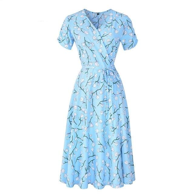 Spruced Roost Women's Clothing blue / S Elegant Floral Smash V-neck Floral Midi Dress - S-2XL - 4 Colors