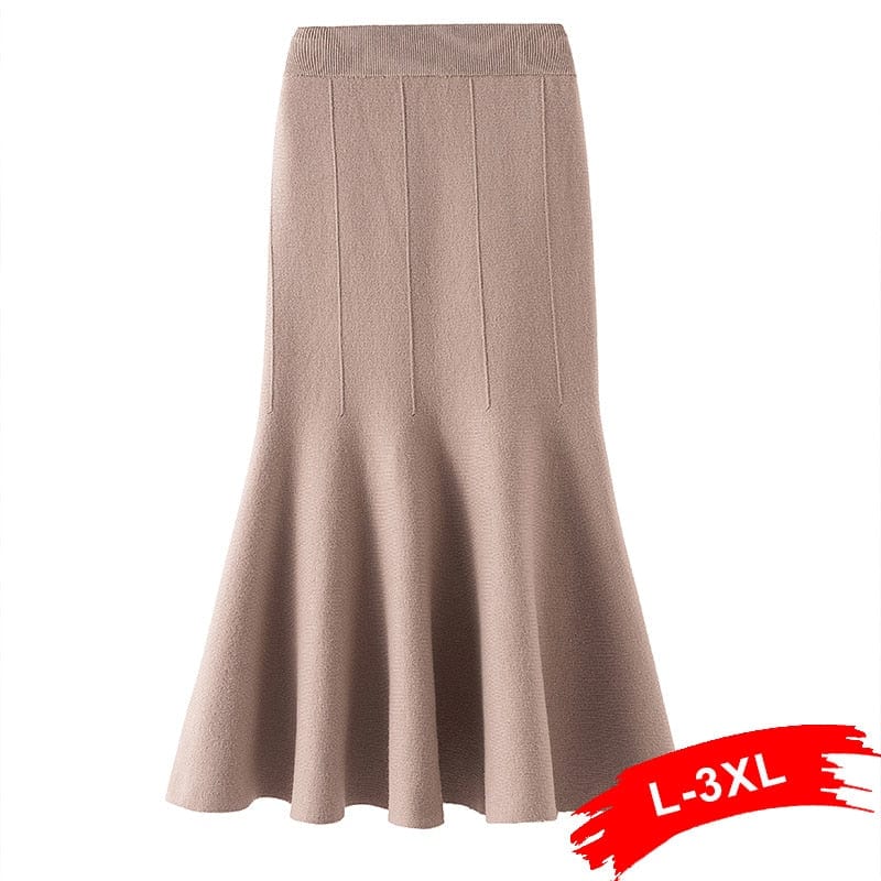 Women Big Size Store Women's Clothing Apricot / XL Elegant High Waist Solid Fitted Knitted Skirts - L-3XL