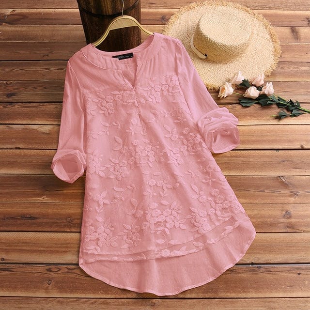 Spruced Roost Women's Clothing Pink / XL Embroidered Lacy Overlay Linen Top - S-5XL - 4 Colors