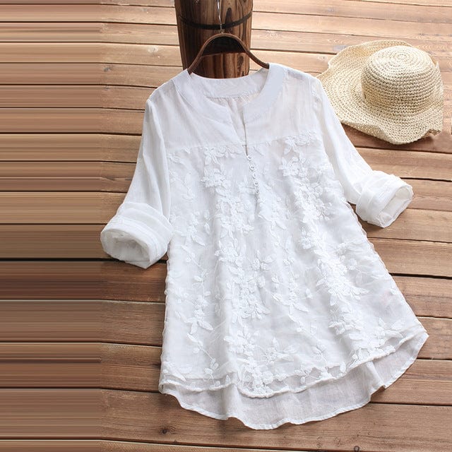 Spruced Roost Women's Clothing White / S Embroidered Lacy Overlay Linen Top - S-5XL - 4 Colors