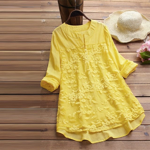 Spruced Roost Women's Clothing Yellow / S Embroidered Lacy Overlay Linen Top - S-5XL - 4 Colors