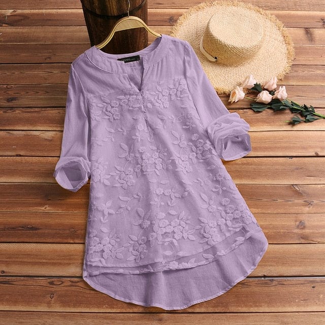 Spruced Roost Women's Clothing Purple / XL Embroidered Lacy Overlay Linen Top - S-5XL - 4 Colors
