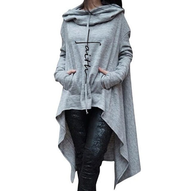 Spruced Roost Women's Clothing Gray / 4XL Faith Long Asymmetrical Hem Hoodie with Center Pocket - S-5XL - 4 Colors