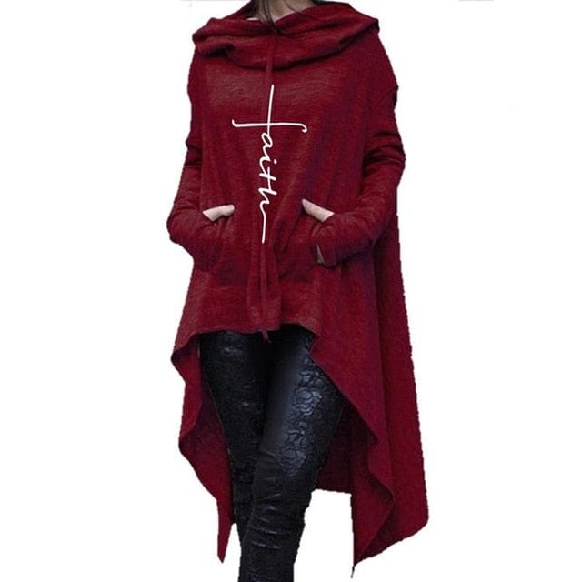 Spruced Roost Women's Clothing Red / 4XL Faith Long Asymmetrical Hem Hoodie with Center Pocket - S-5XL - 4 Colors