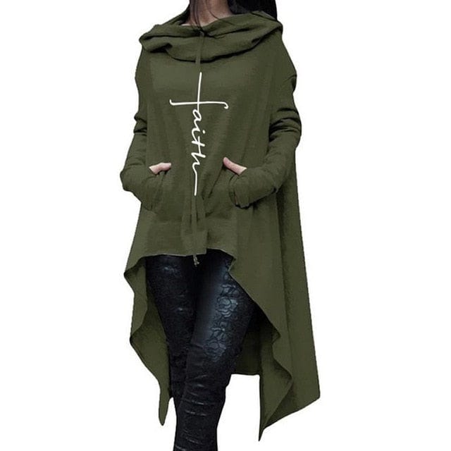 Spruced Roost Women's Clothing Army Green / 4XL Faith Long Asymmetrical Hem Hoodie with Center Pocket - S-5XL - 4 Colors