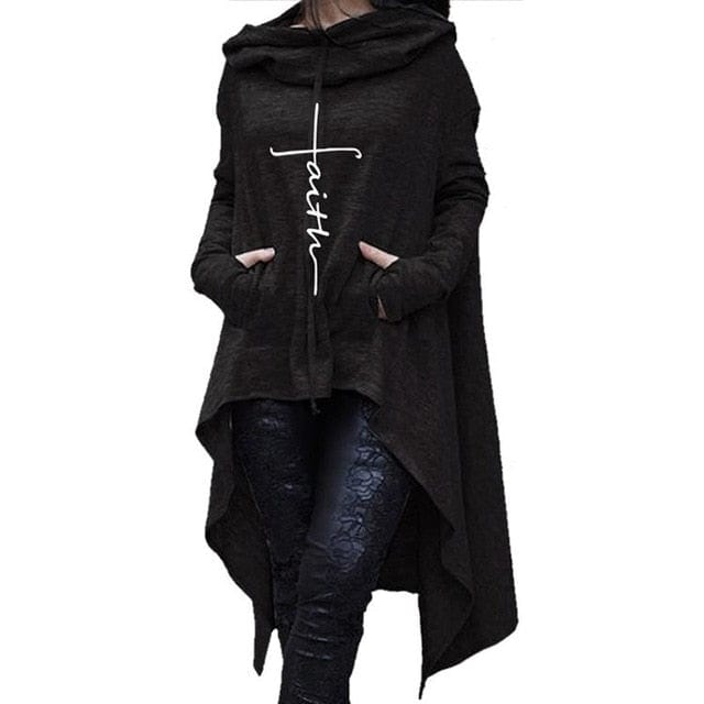 Spruced Roost Women's Clothing Black / 4XL Faith Long Asymmetrical Hem Hoodie with Center Pocket - S-5XL - 4 Colors