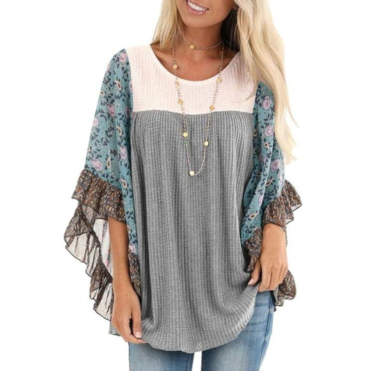 Aimsnug Women's Clothing Gray / L Flowers & Frill Raglan Top - S-5XL - 7 colors