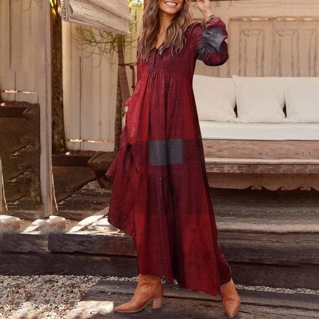 Spruced Roost Women's Clothing A Style Wine Red / M Galway Maxi Dress Plaid Dress - M-5XL -  9 Colors
