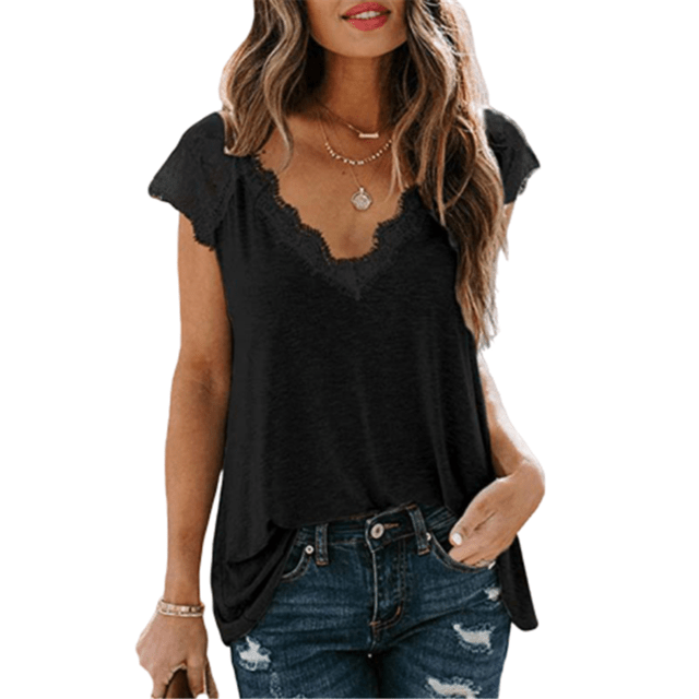 Spruced Roost Women's Clothing 20200413 Black / XL / CHINA Lacey Layering Top V-Neck T-shirt - S-5XL - 3 Colors