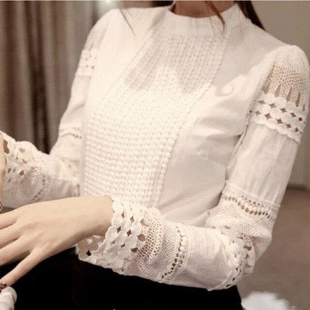 Spruced Roost Women's Clothing white / 4XL Lady Elegant Neck Lace Sleeved Top - S-5XL - White