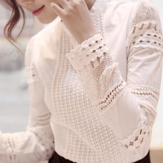 Spruced Roost Women's Clothing Lady Elegant Neck Lace Sleeved Top - S-5XL - White