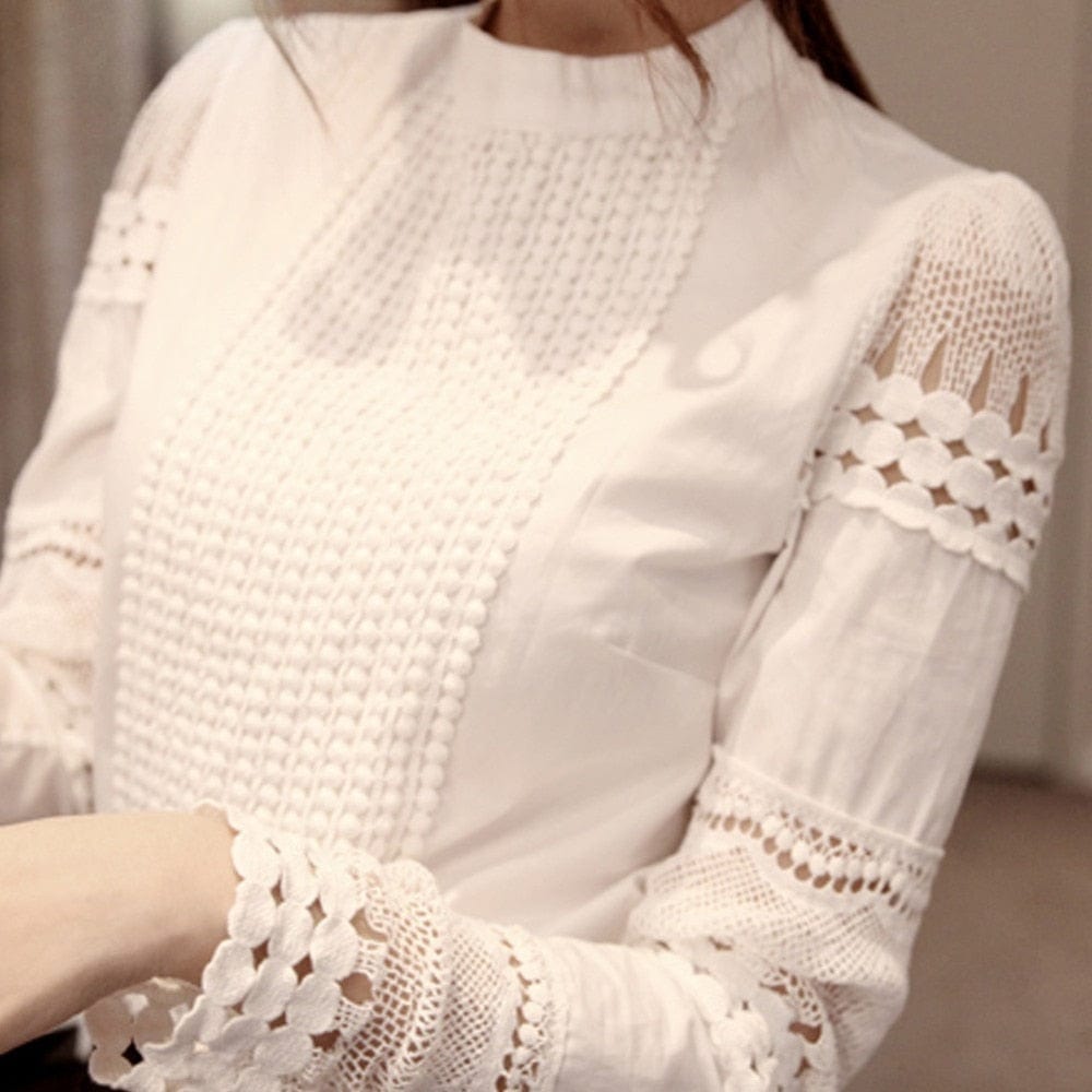 Spruced Roost Women's Clothing Lady Elegant Neck Lace Sleeved Top - S-5XL - White