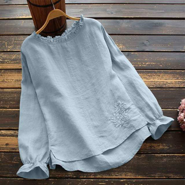 Zanzea Apparels store Women's Clothing Blue / M Loose Embroidered Round Lace Shirt  - S-4XL - 3 Colors