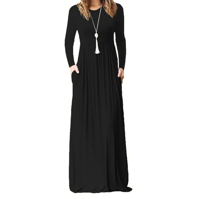 Spruced Roost Women's Clothing Black / S Lovely Pleated Solid Maxi Dress Sizes: S-2XL, 4 Colors