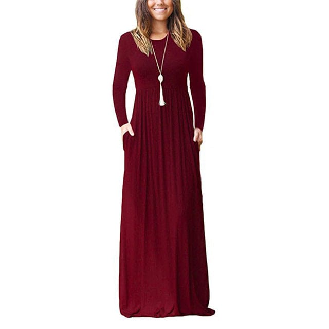 Spruced Roost Women's Clothing Wine Red / S Lovely Pleated Solid Maxi Dress Sizes: S-2XL, 4 Colors