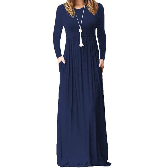 Spruced Roost Women's Clothing Navy Blue / S Lovely Pleated Solid Maxi Dress Sizes: S-2XL, 4 Colors