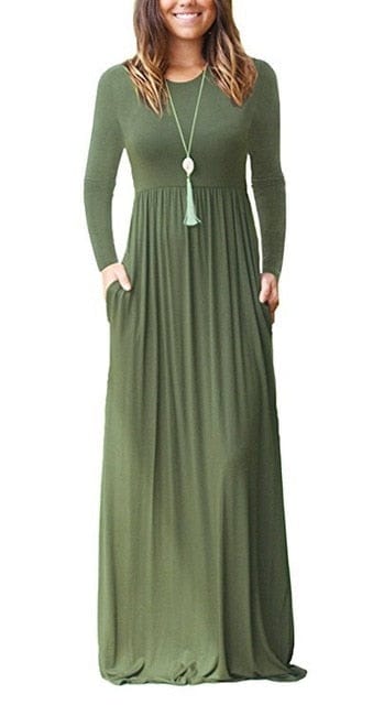 Spruced Roost Women's Clothing Army Green / S Lovely Pleated Solid Maxi Dress Sizes: S-2XL, 4 Colors