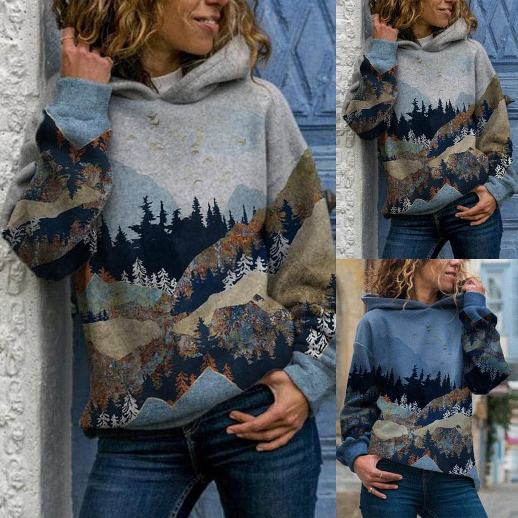 Exquisite GarmentS Store Women's Clothing Majestic Mountain and Earth Printed Hooded Shirt - 10 Styles - S-3XL