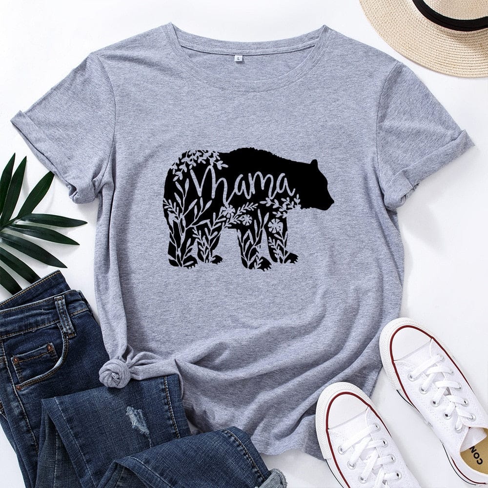 Spruced Roost Women's Clothing Gray / S Mama Bear T-Shirt Women V Neck Short Sleeve Floral Szs: Small to 3XL