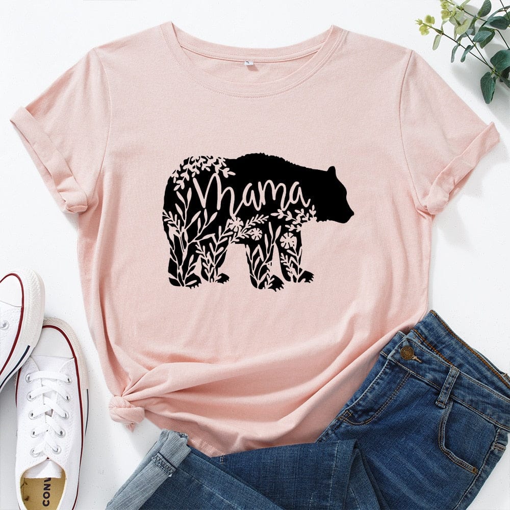 Spruced Roost Women's Clothing light pink / S Mama Bear T-Shirt Women V Neck Short Sleeve Floral Szs: Small to 3XL