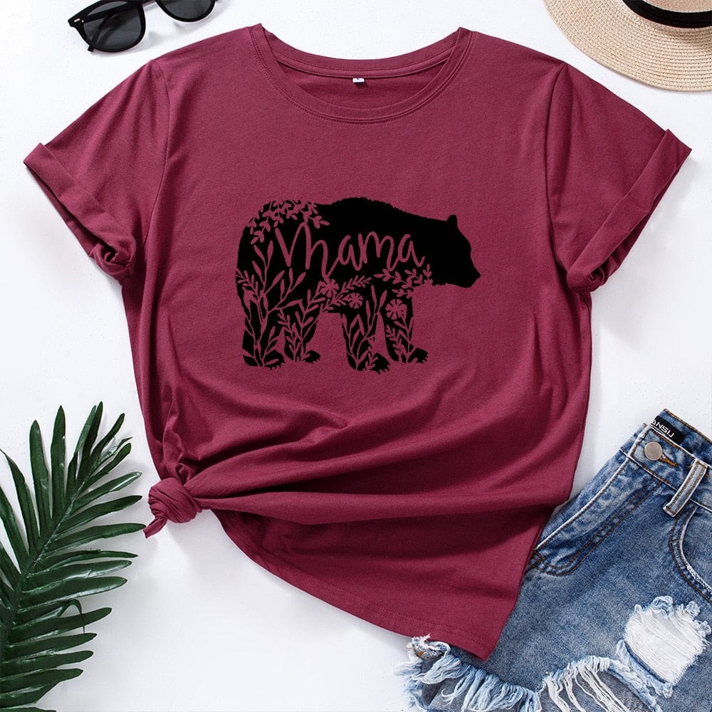 Spruced Roost Women's Clothing Burgundy / S Mama Bear T-Shirt Women V Neck Short Sleeve Floral Szs: Small to 3XL