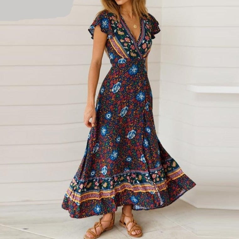 Spruced Roost Women's Clothing Black Blue / S Nordic Floral Maxi V-neck Dress - S-XL - 7 Colors