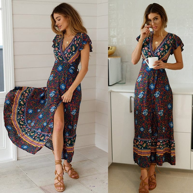 Spruced Roost Women's Clothing Nordic Floral Maxi V-neck Dress - S-XL - 7 Colors