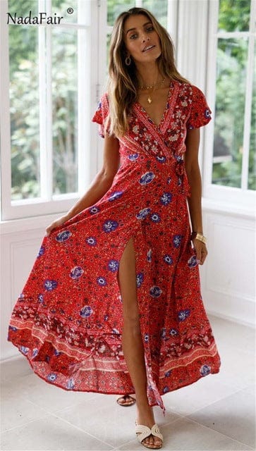 Spruced Roost Women's Clothing Red / S Nordic Floral Maxi V-neck Dress - S-XL - 7 Colors