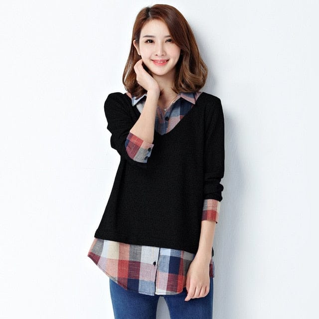 Spruced Roost Women's Clothing Black / M Plaid and Solid Ladies Layered Blouse - M-5XL
