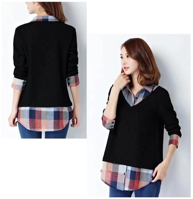 Spruced Roost Women's Clothing Plaid and Solid Ladies Layered Blouse - M-5XL