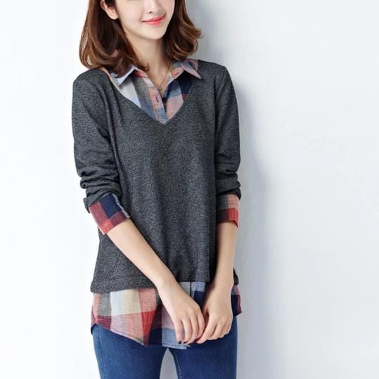 Spruced Roost Women's Clothing Gray / M Plaid and Solid Ladies Layered Blouse - M-5XL