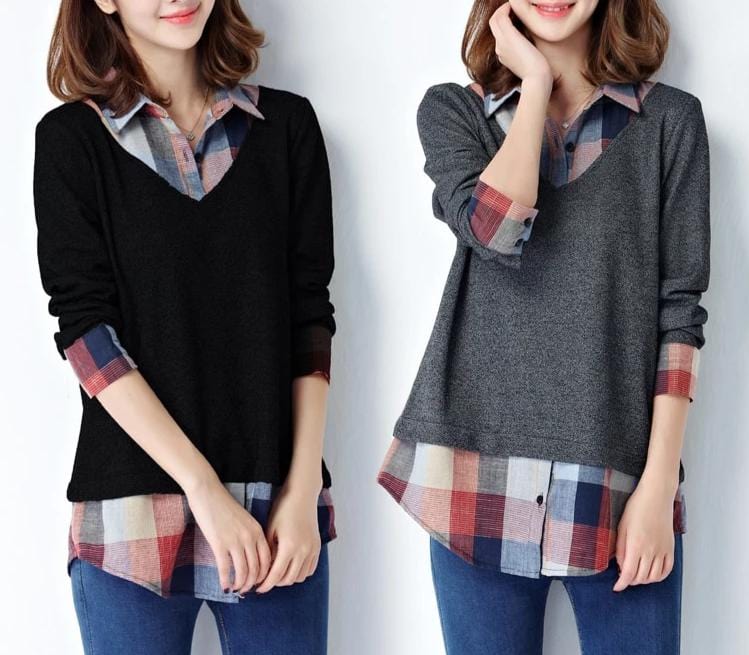 Spruced Roost Women's Clothing Plaid and Solid Ladies Layered Blouse - M-5XL