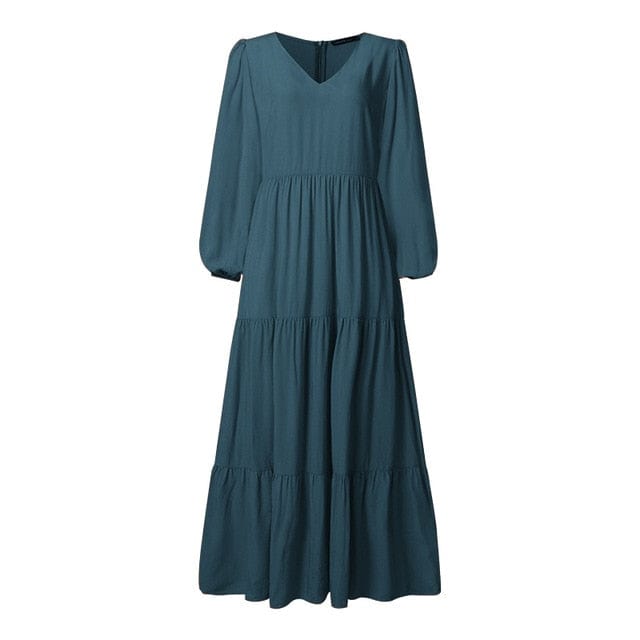 Zanzea Apparels store Women's Clothing A Lake Blue / M Ruffles Maxi Casual Tunic Dress - M-5XL - 6 Colors