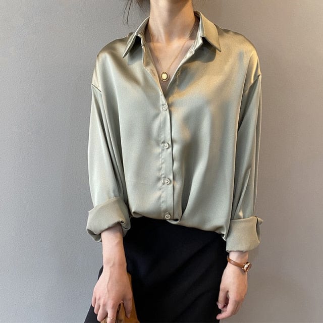 A Surewill Store Women's Clothing XL / Green Toronto Button Up Satin Silk Shirt - S-2XL - 5 Colors