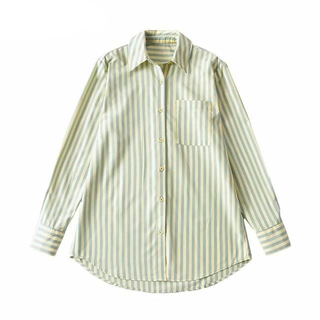 Spruced Roost Women's Wear M / Green Antibes Striped Front Pocket Oversized Shirt - 2 Colors - S-L
