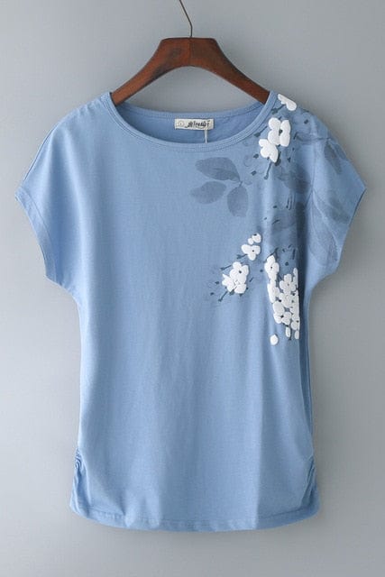 Spruced Roost Womens clothing blue / L Leaves and Petals Short Sleeve Top 95% Cotton - M-4XL - 4 Colors